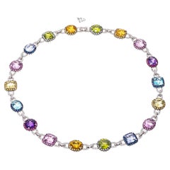 14k White Gold Diamond, Multi Color Sapphire and Gemstone Halo Link Necklace