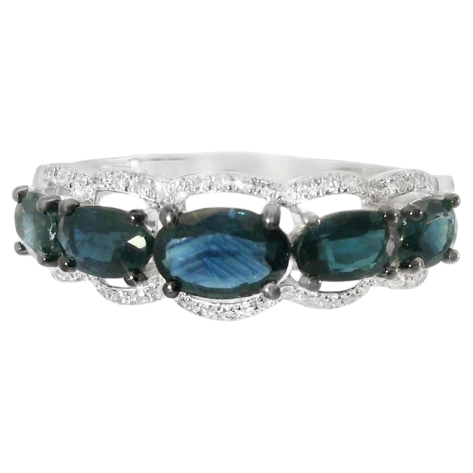 14K White Gold Sapphire Diamond Band Ring, Size 6.75