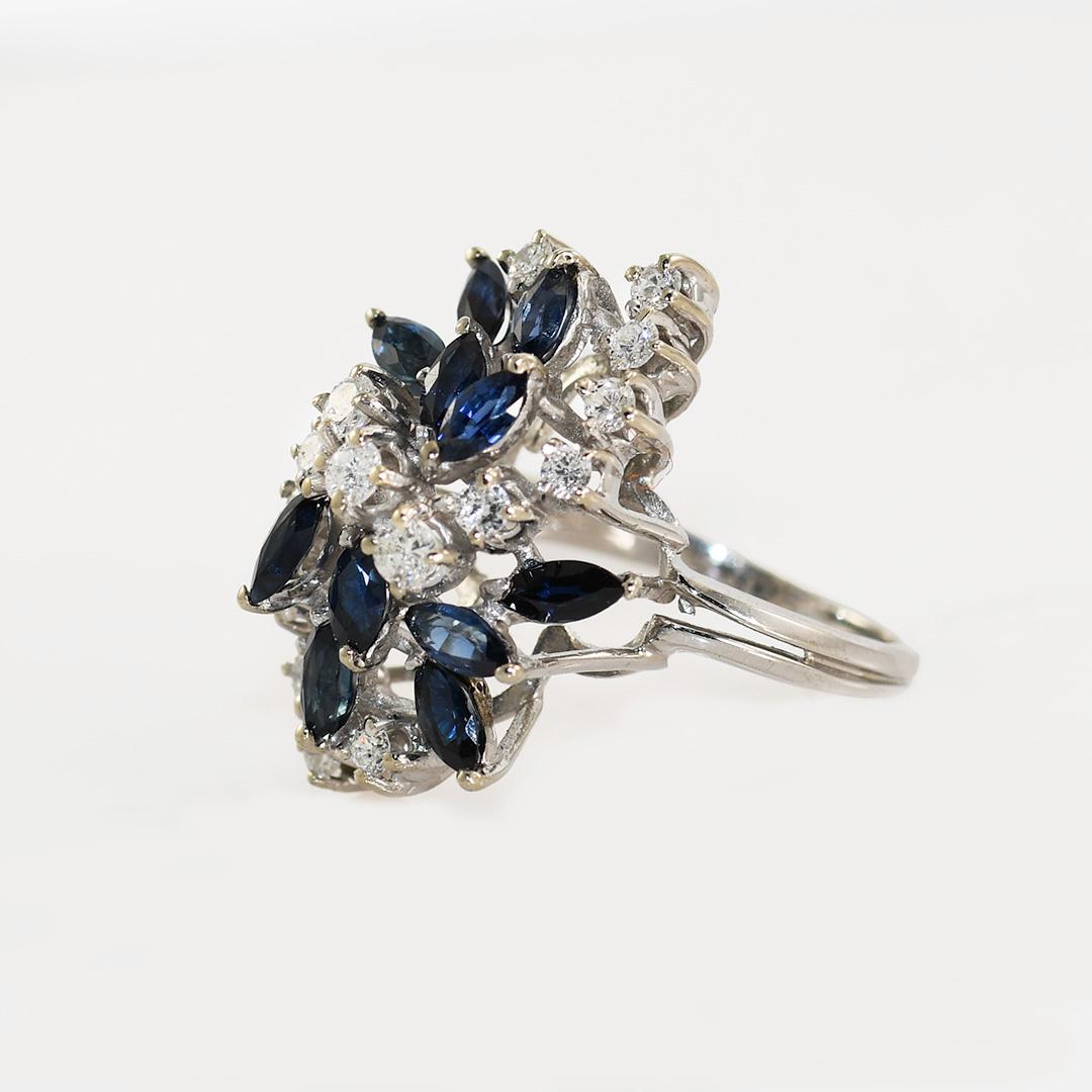 Marquise Cut 14K White Gold Sapphire & Diamond Cluster Ring, 1.00TCW-7.8gr For Sale