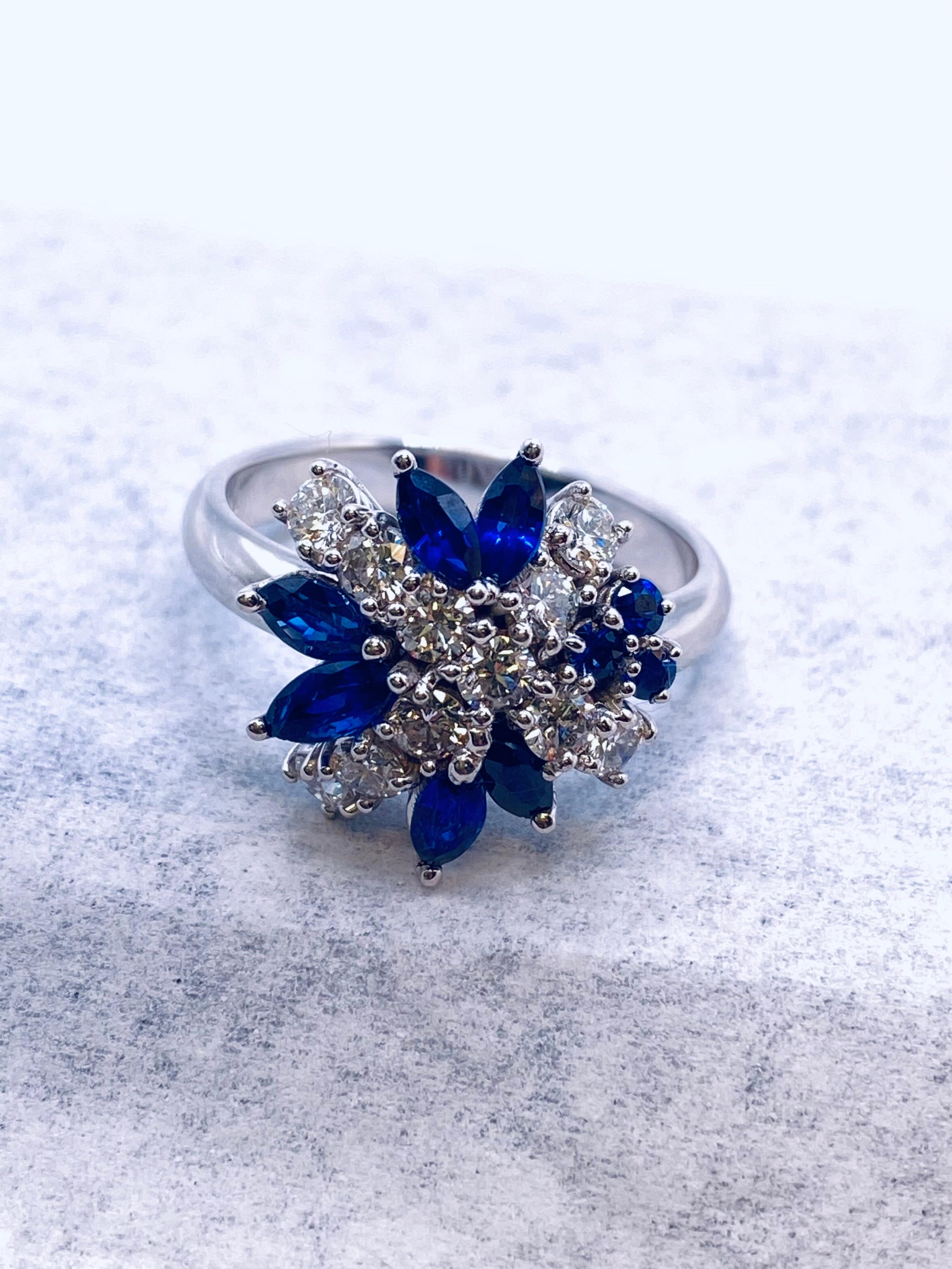 Sapphire & Diamond White Gold Cluster Ring In New Condition In DALLAS, TX
