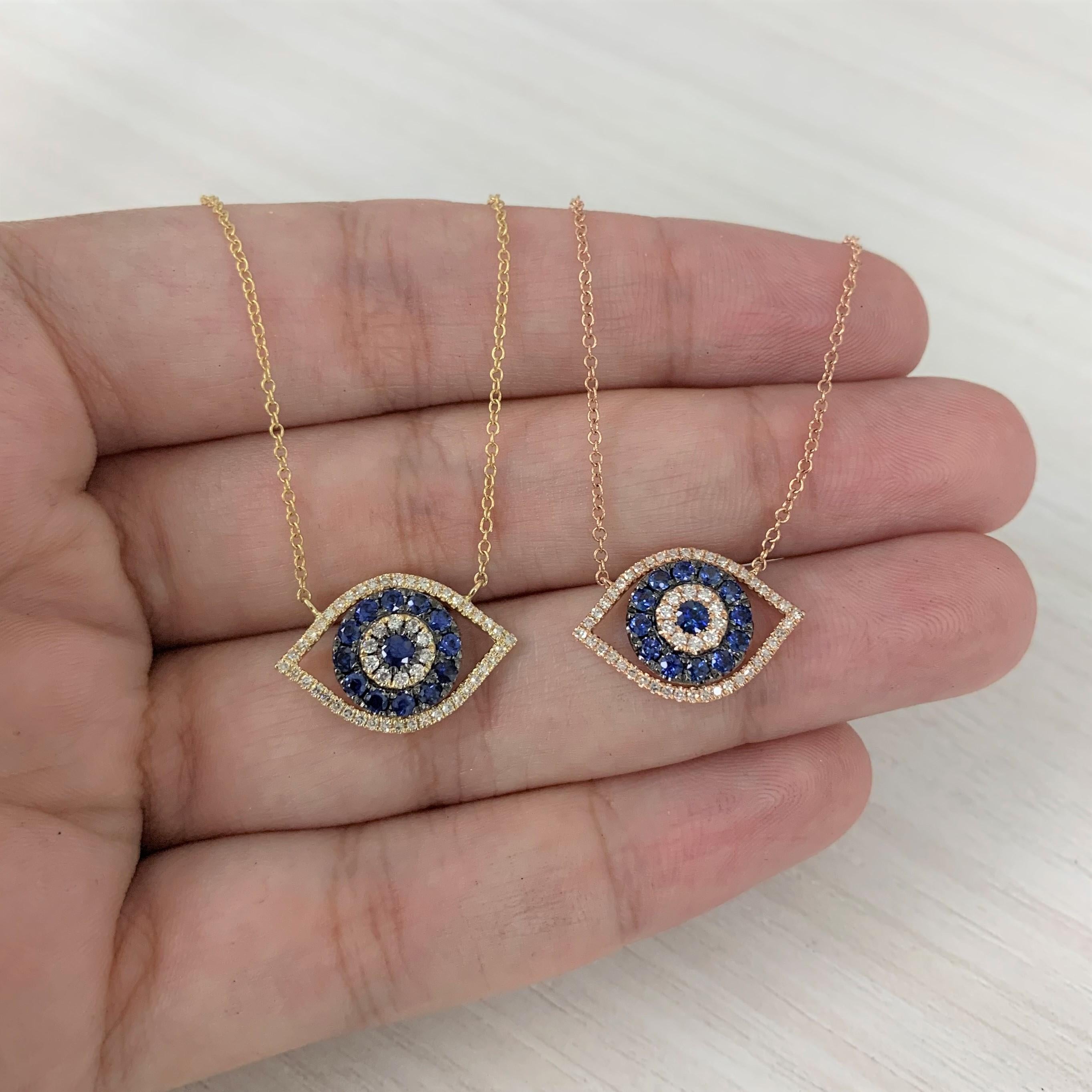 Contemporary 14K White Gold Sapphire & Diamond Evil Eye Necklace for Her For Sale