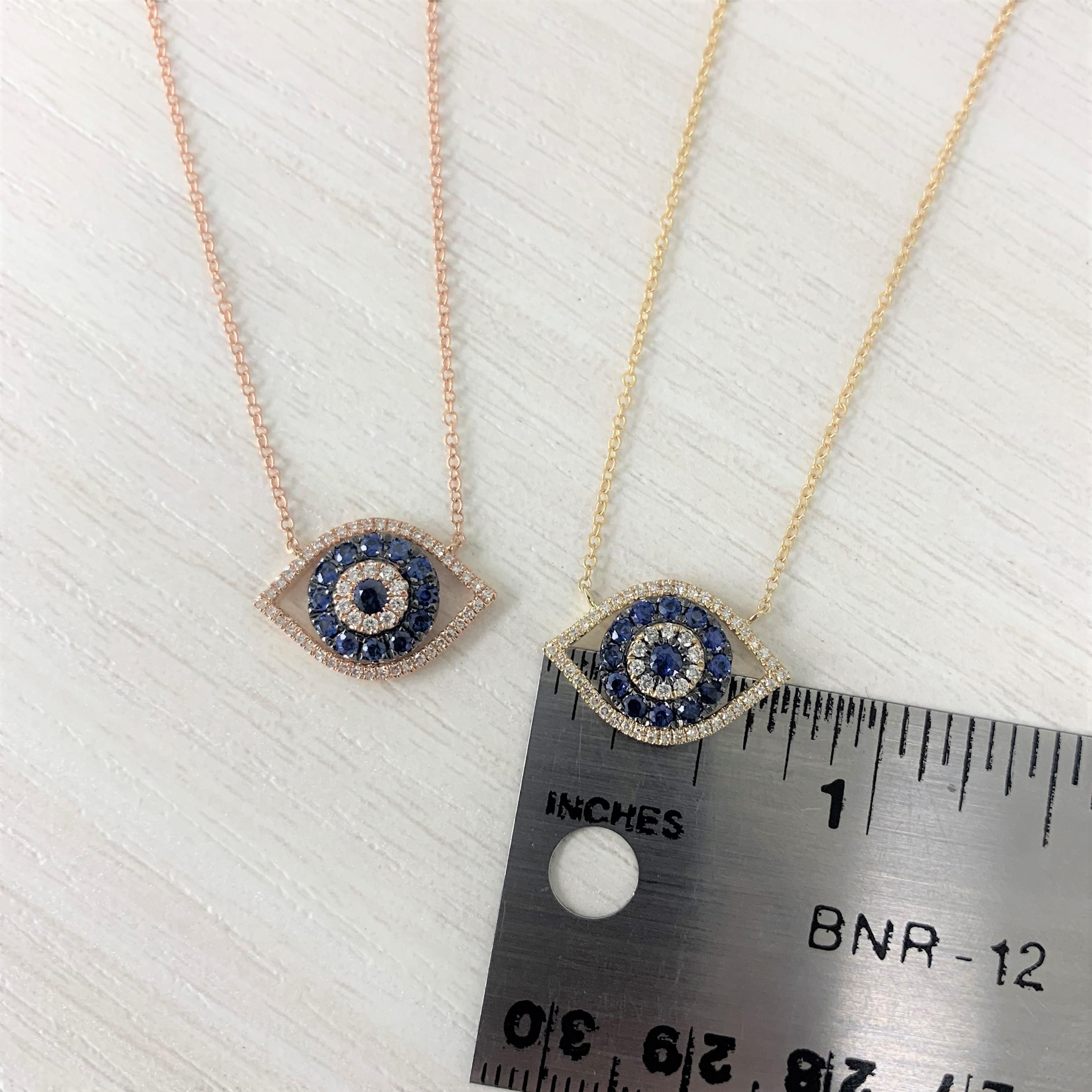 Baguette Cut 14K White Gold Sapphire & Diamond Evil Eye Necklace for Her For Sale