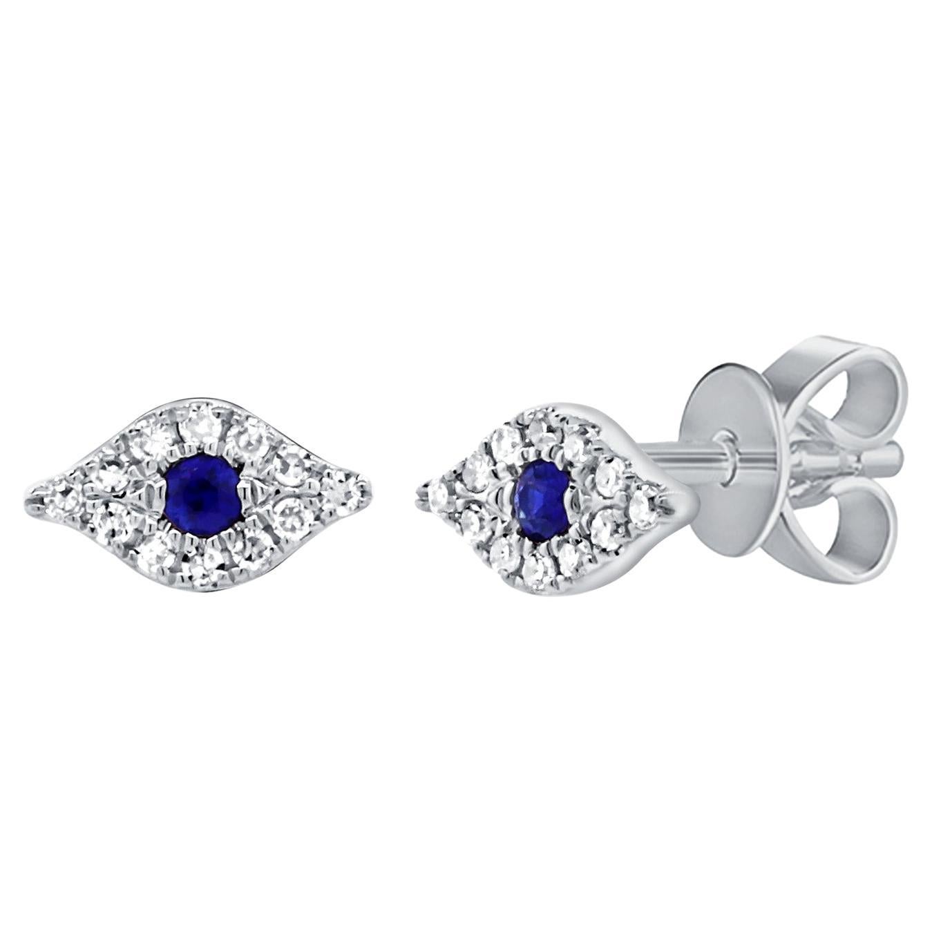 14K White Gold Sapphire & Diamond Evil Eye Stud Earrings for Her
