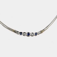 14K White Gold Sapphire Diamond Omega Necklace 15.5"