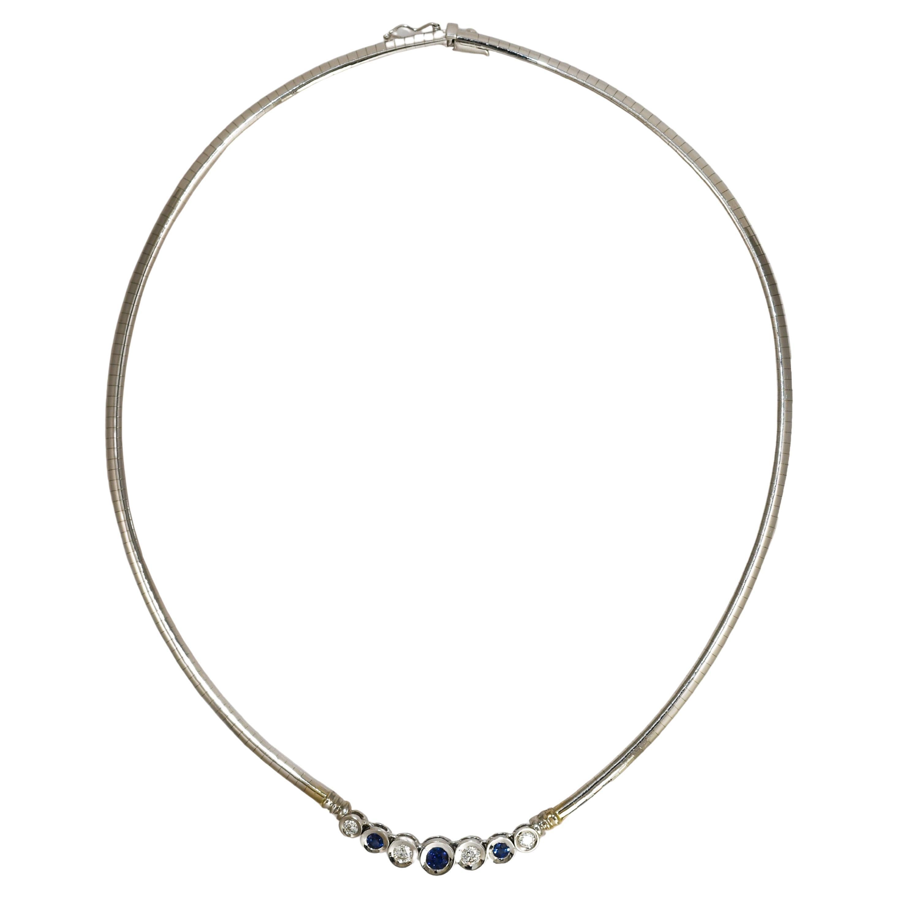 14K White Gold Sapphire Diamond Omega Necklace 15.5" For Sale