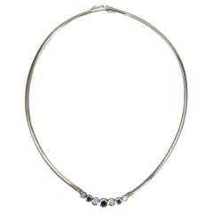 14K White Gold Sapphire Diamond Omega Necklace 15.5"