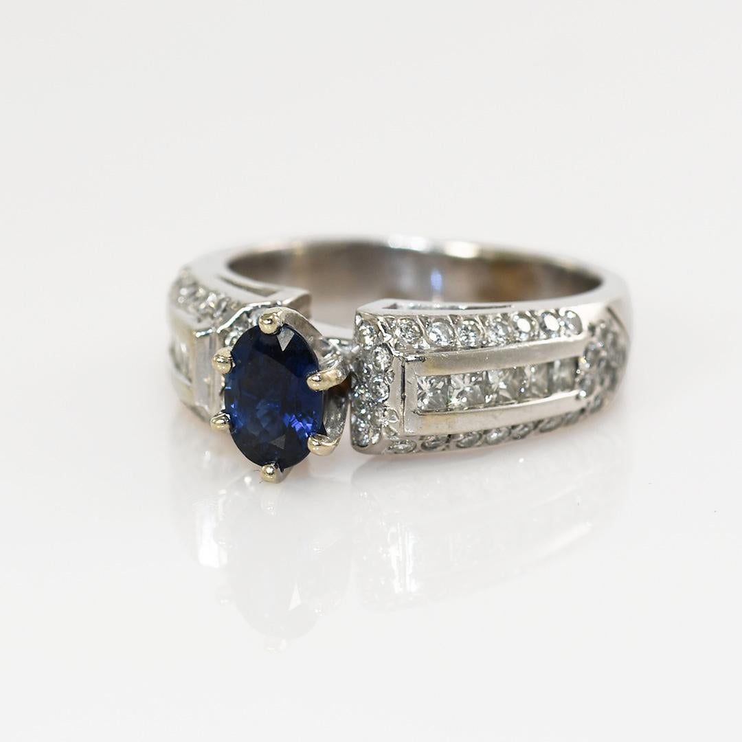 Women's 14K White Gold Sapphire & Diamond Ring 1.00ct Sapphire, 8.2g For Sale
