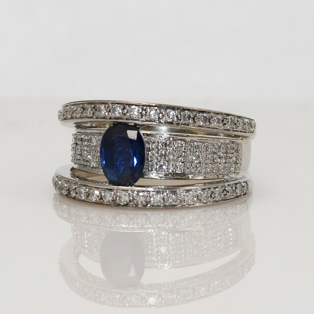 da uomo o donna Anello con zaffiro e diamante in oro bianco 14K 8,7g in vendita