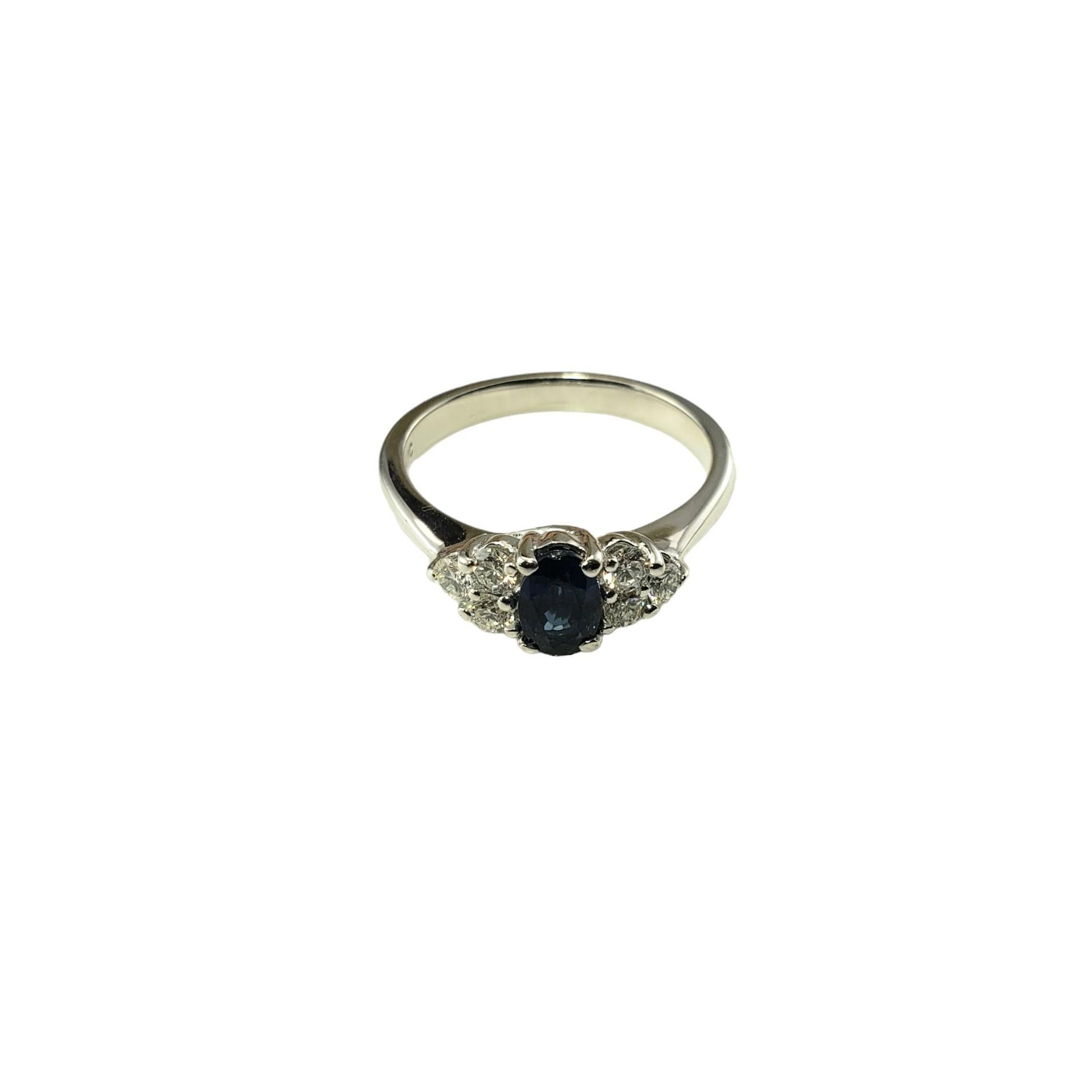 Vintage 14 Karat White Gold Sapphire and Diamond Ring Size 6.25 JAGi Certified-

This lovely ring features one oval sapphire (5.9 mm x 4.0 mm) and six round brilliant cut diamonds set in classic 14K white gold.  Shank:  2.4 mm.

Sapphire weight: 