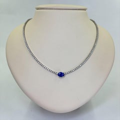 14K White Gold Tennis Necklace with Blue Sapphire & Diamonds