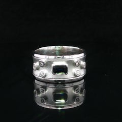 14k White Gold Sapphire Diamond Wide Concave Brushed & Polished Finish Band Ring