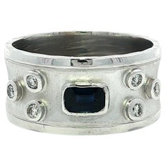 14k White Gold Sapphire Diamond Wide Concave Brushed & Polished Finish Band Ring