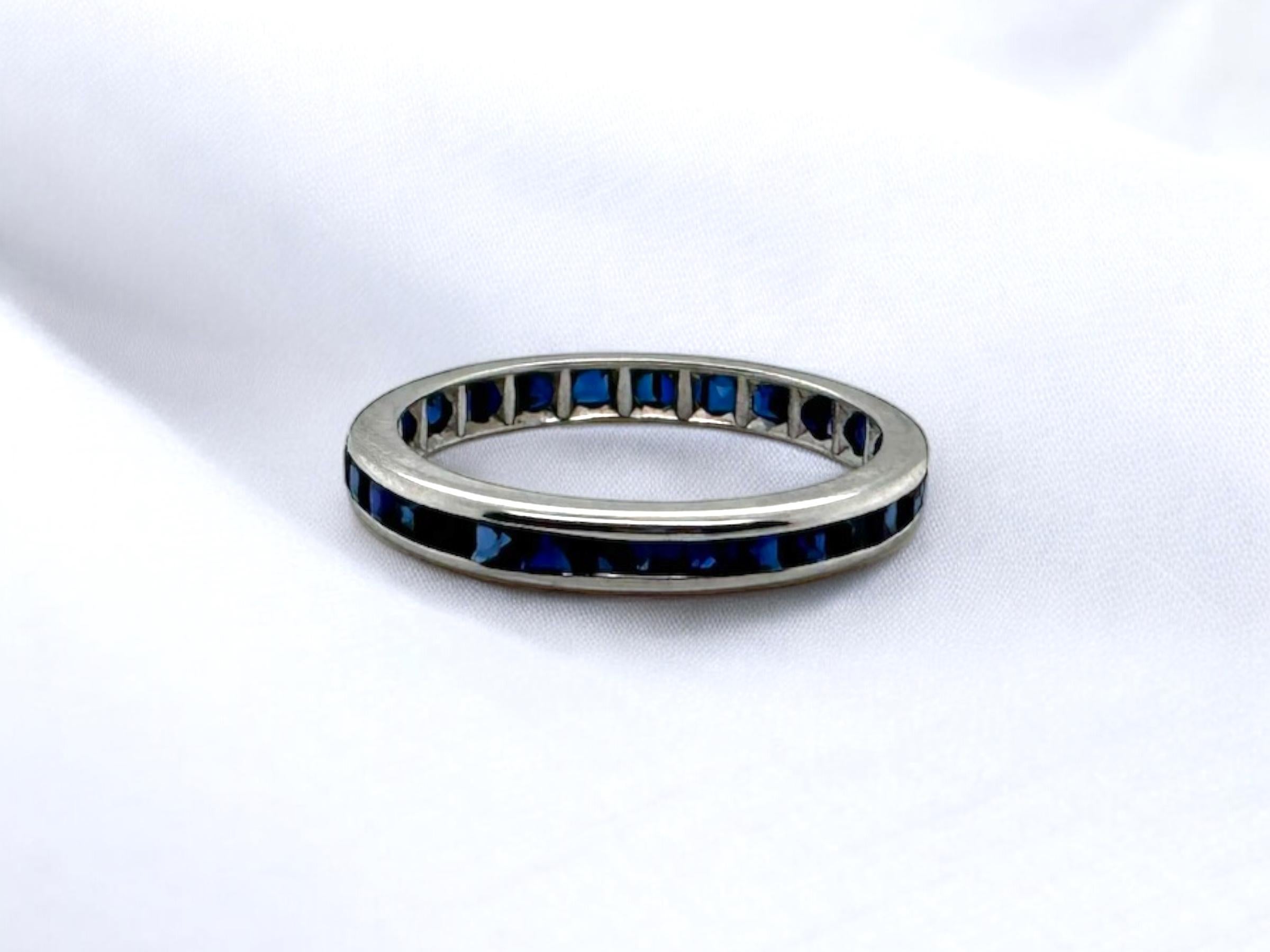 We are loving this dainty vintage sapphire eternity band!
Perfect to wear alone, as a wedding band, or add to a stack.

Band Details
Material: 14K White Gold
Width: 2.4mm
Weight: 1.2 Grams
Finger Size: 5 
Unfortunately Can Not Be Resized

Item: