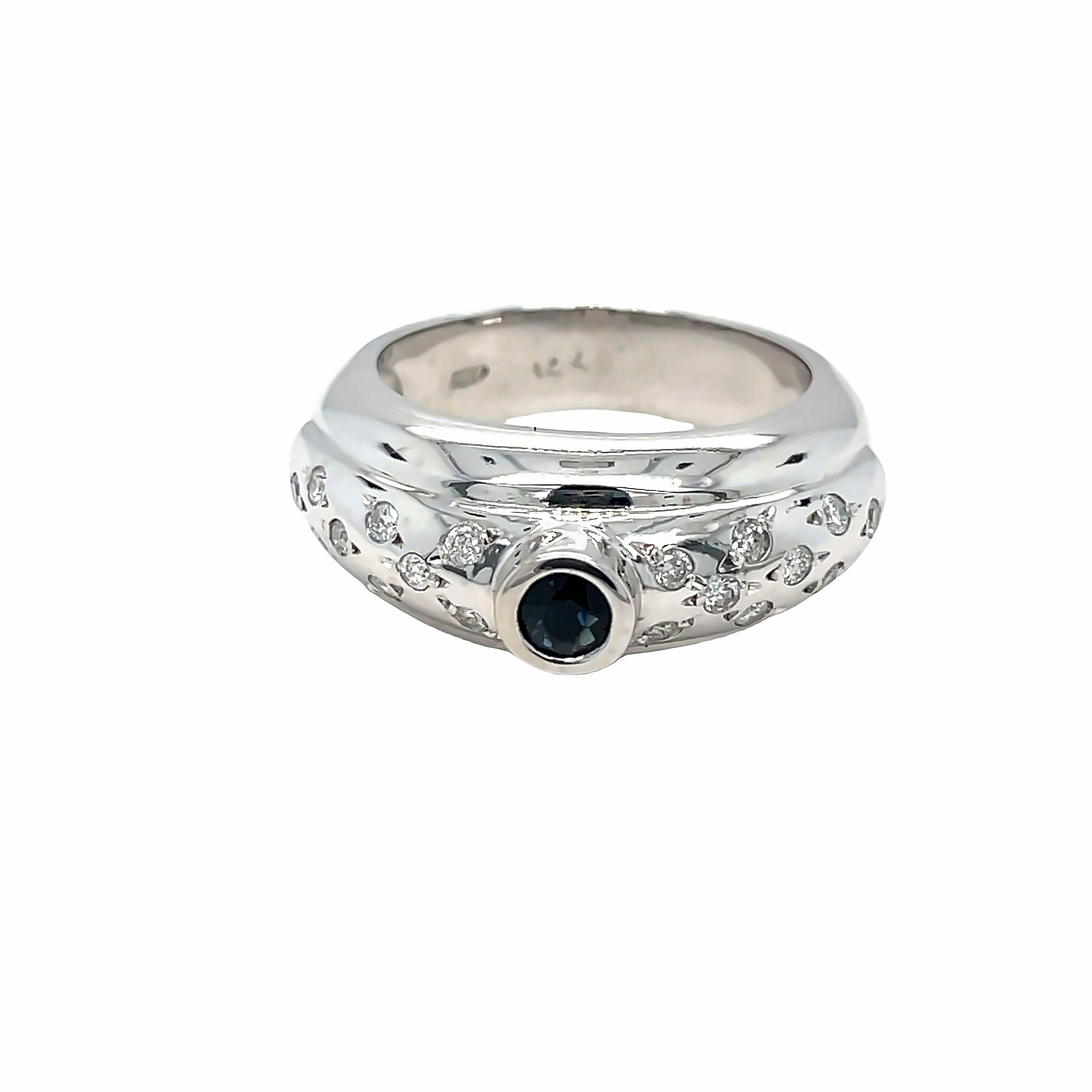 Round Cut Sapphire Scattered Diamond Ring 14k White Gold  For Sale
