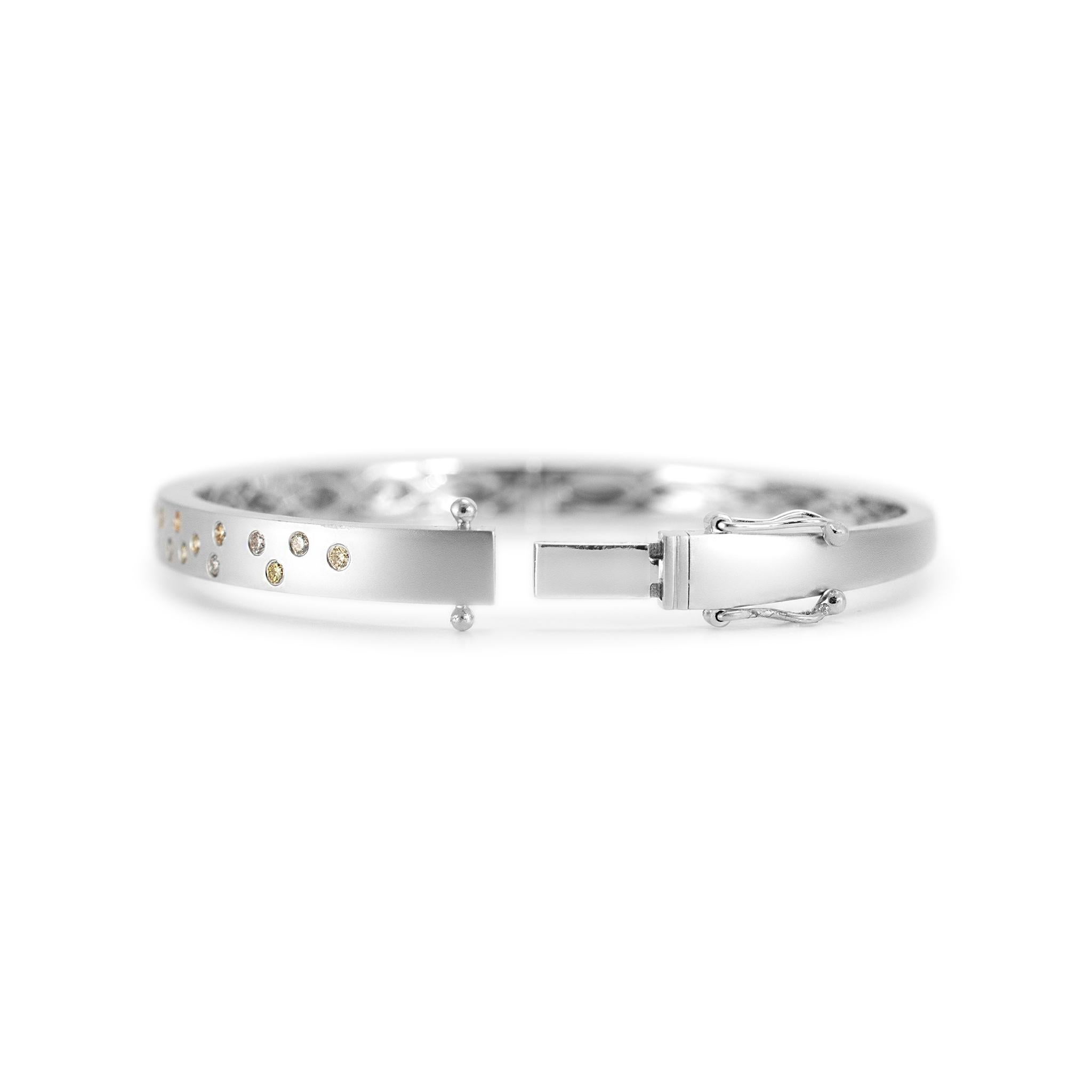 Pear Cut 14K White Gold Satin Finished Flush Set Fancy Colored Diamond Bangle Bracelet