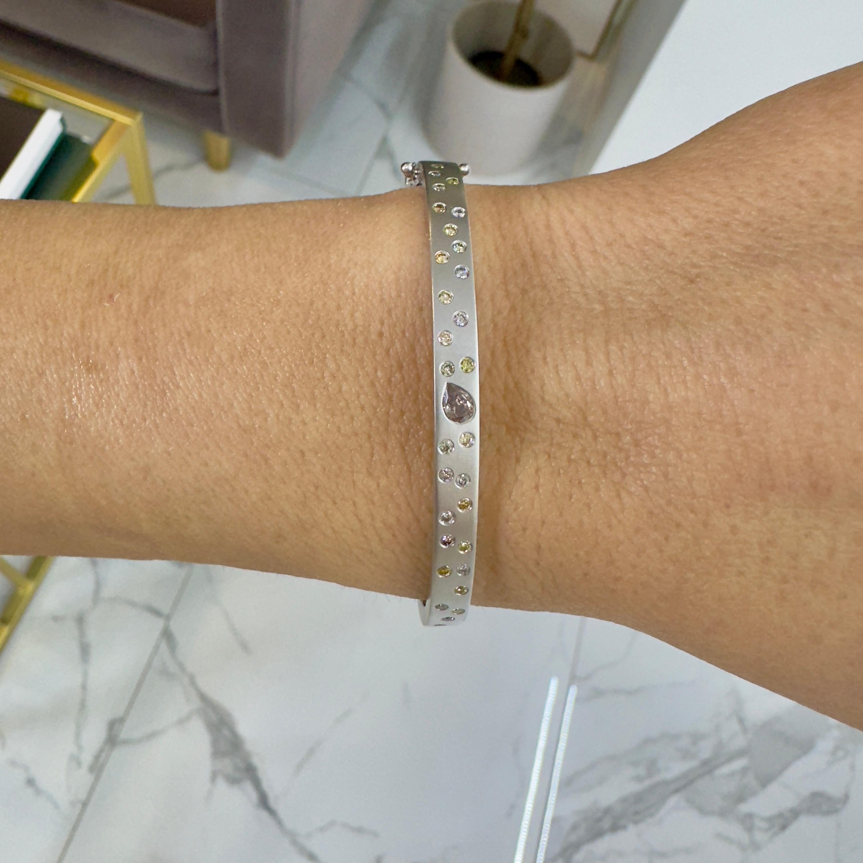 Women's 14K White Gold Satin Finished Flush Set Fancy Colored Diamond Bangle Bracelet