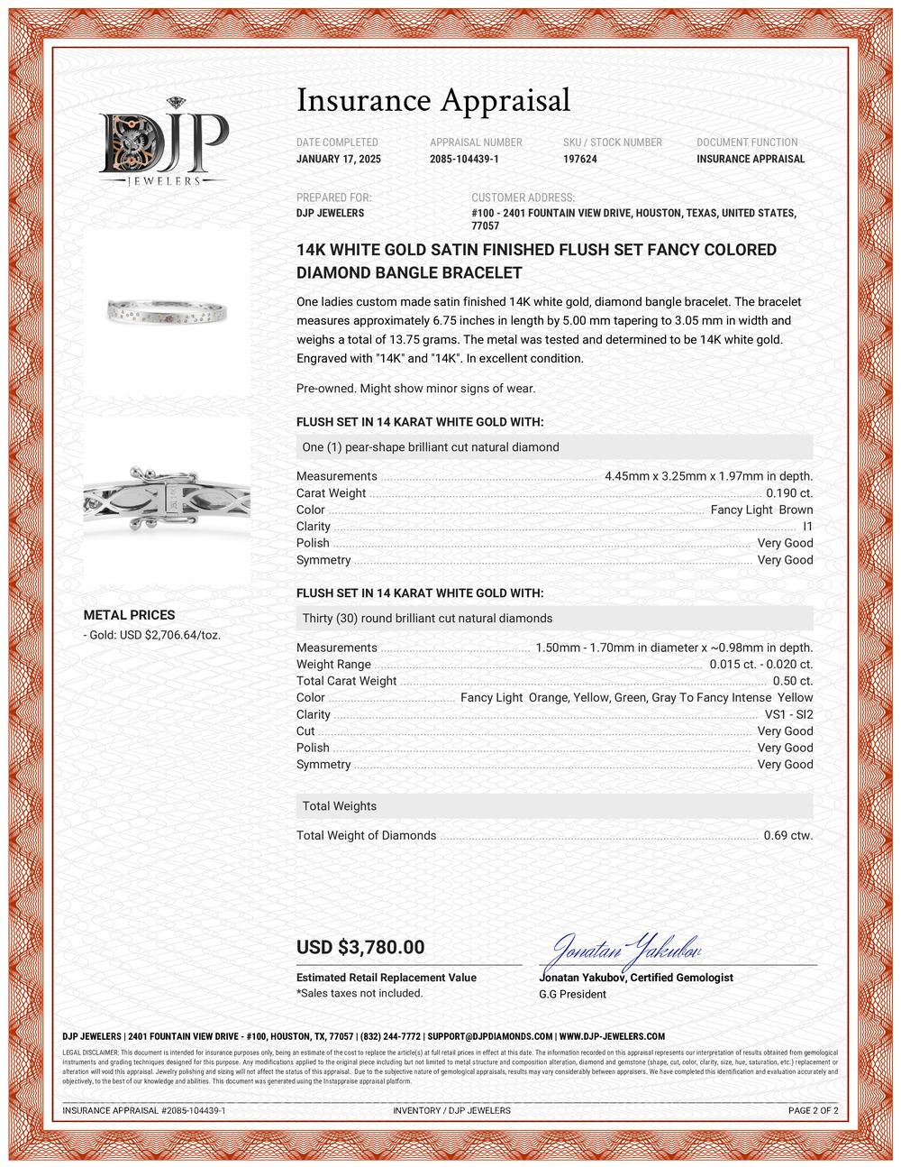 14K White Gold Satin Finished Flush Set Fancy Colored Diamond Bangle Bracelet 1