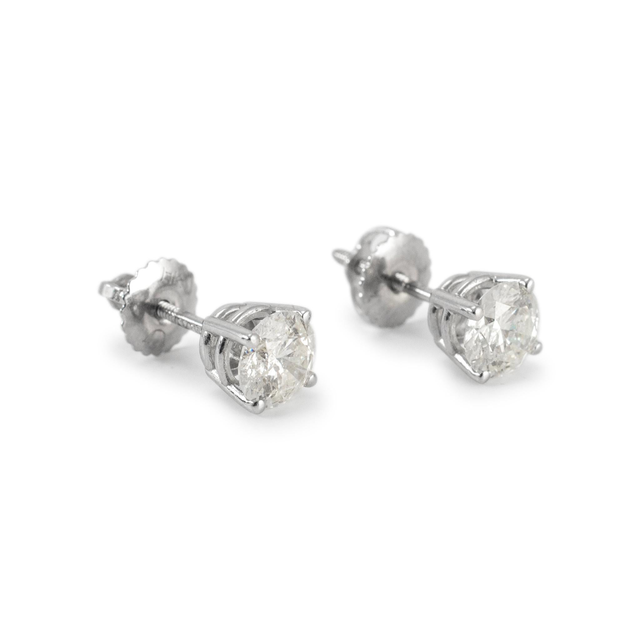 Round Cut 14K White Gold Screw Backs 4-Prong Diamond Stud Earrings For Sale
