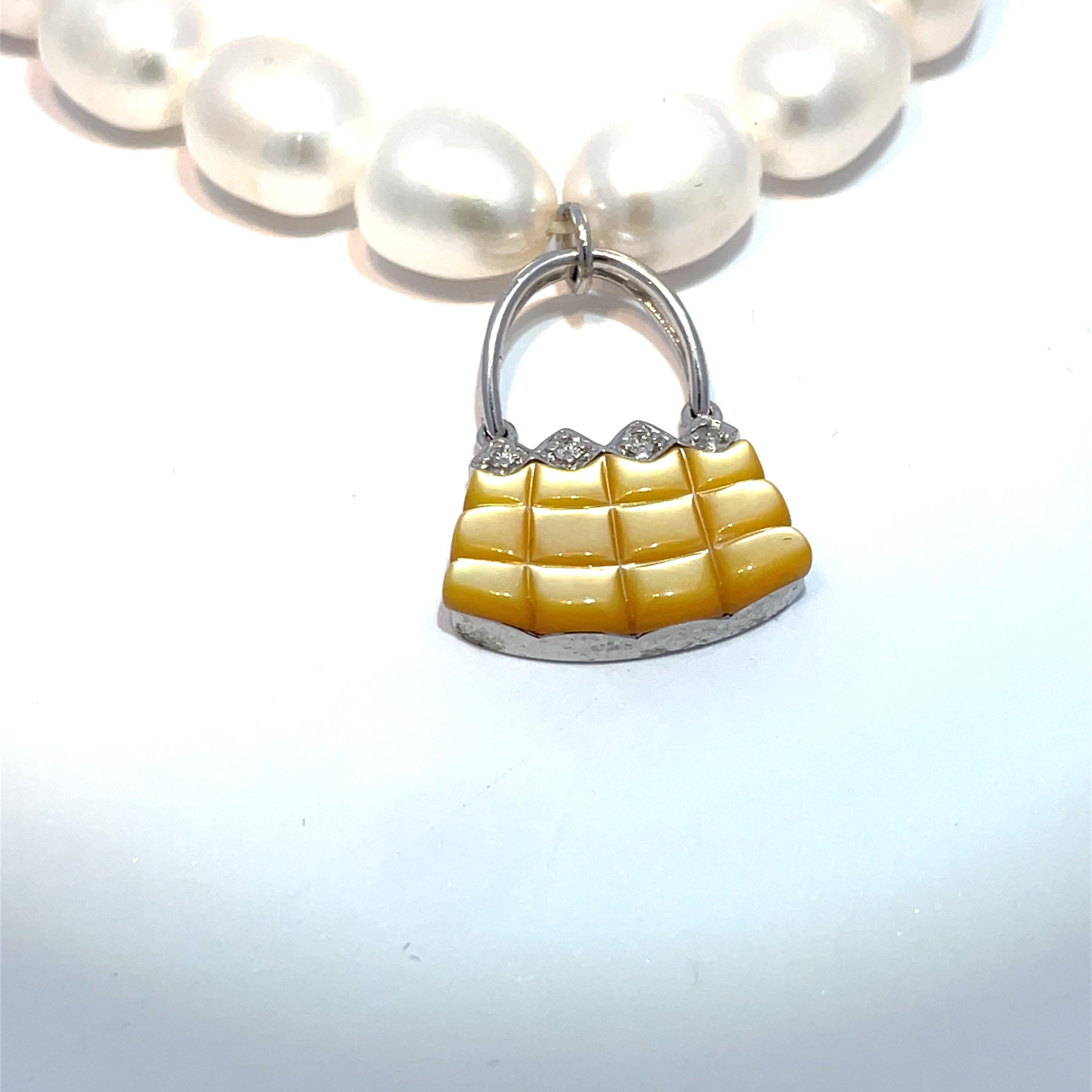 Mixed Cut 14k White Gold Shell, Mother of Pearl & Onyx Bag Charm Pearl Bracelet For Sale