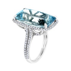 14K White Gold Sky-Blue Cushion 13.72 Carat Aquamarine Halo Diamond Ring