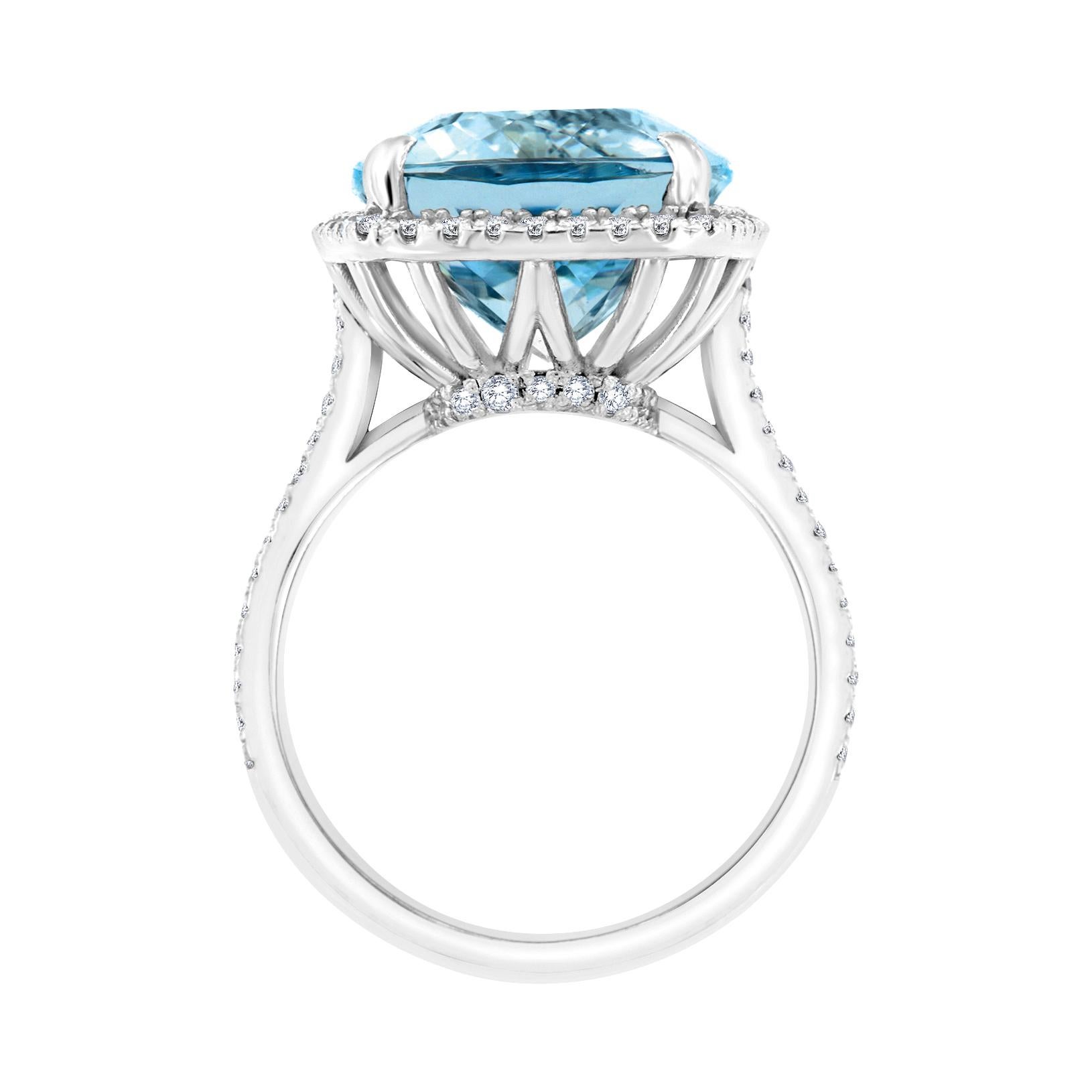 Cushion Cut 14K White Gold Sky-Blue Cushion 13.72 Carat Aquamarine Halo Diamond Ring For Sale
