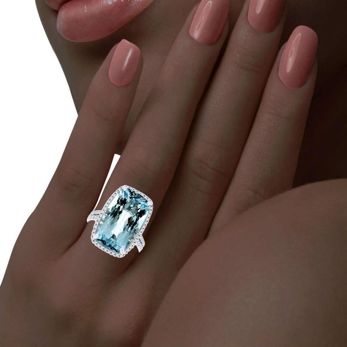 Women's 14K White Gold Sky-Blue Cushion 13.72 Carat Aquamarine Halo Diamond Ring For Sale