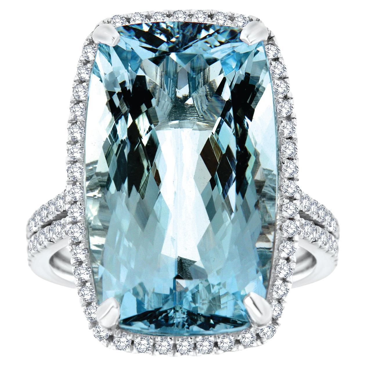 14K White Gold Sky-Blue Cushion 13.72 Carat Aquamarine Halo Diamond Ring For Sale