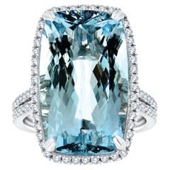 14K White Gold Sky-Blue Cushion 13.72 Carat Aquamarine Halo Diamond Ring