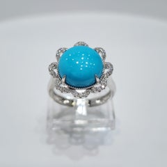 14K White Gold Sleeping Beauty Turquoise and Diamond Cluster Ring