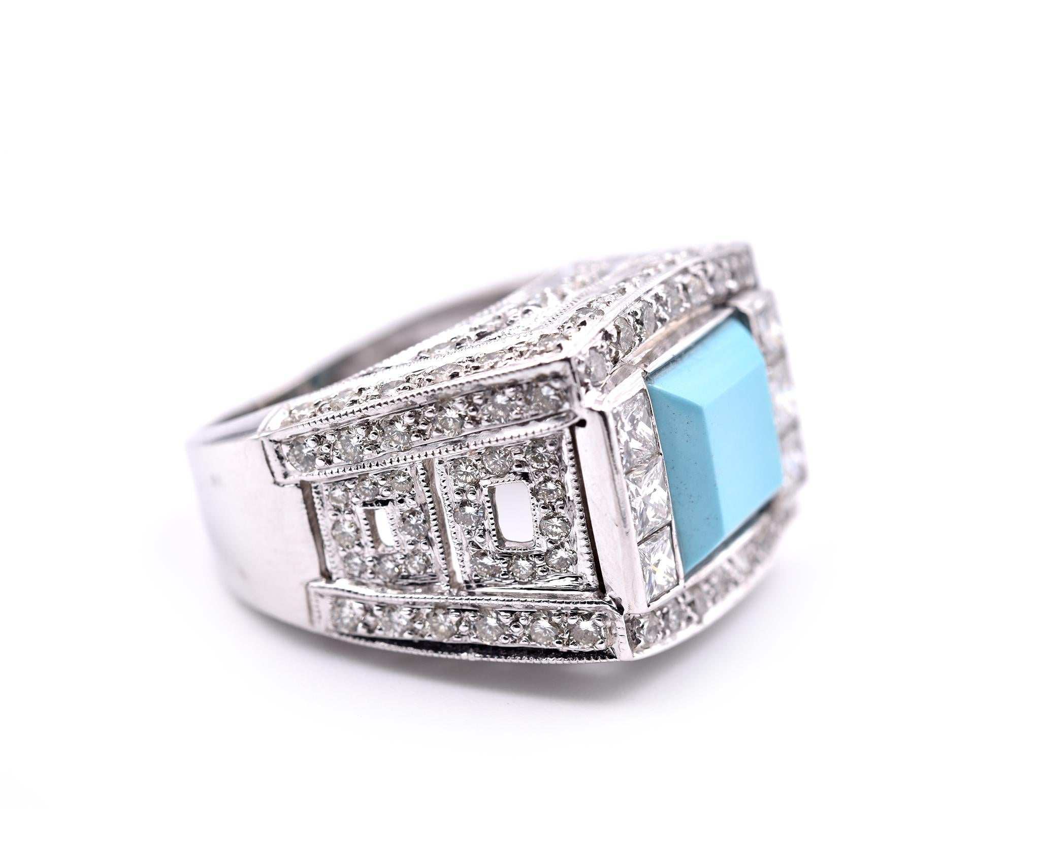 Designer: custom design
Material: 14k white gold
Diamonds: 120 round brilliant cuts = 2.00cttw
Color: G
Clarity: VS
Diamonds: 6 princess cuts = 1.02cttw
Color: G
Clarity: VS
Ring size: 7 ¼ (please allow two additional shipping days for sizing