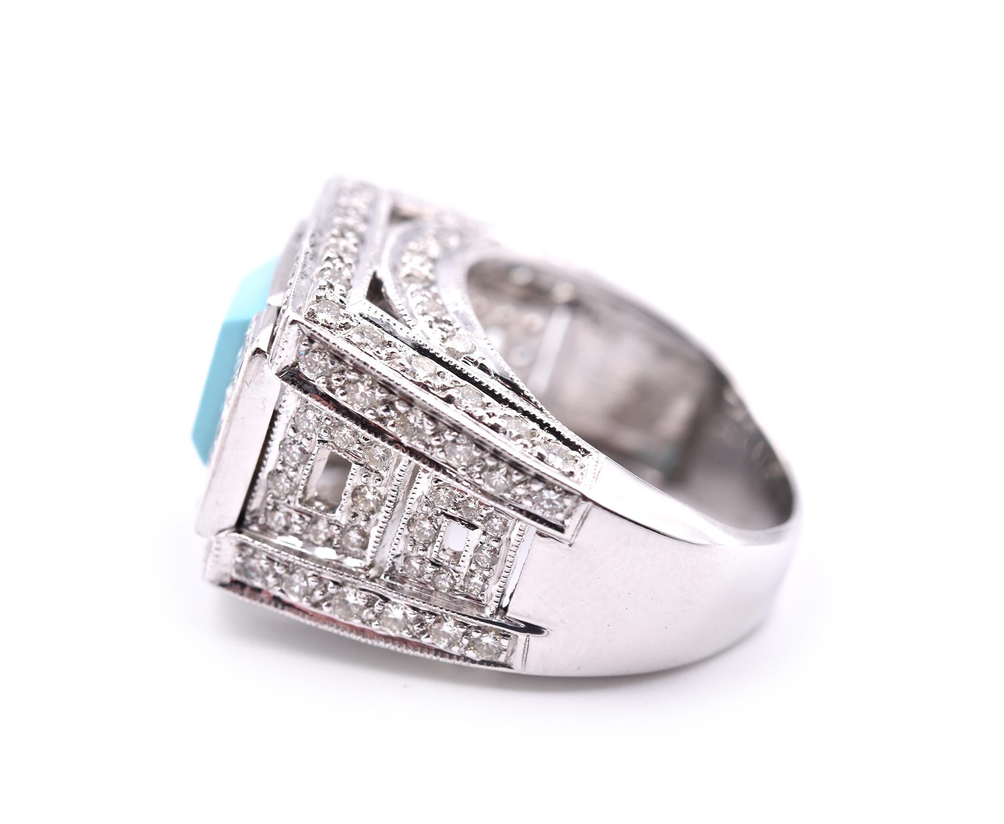 14 Karat White Gold Sleeping Beauty Turquoise and Diamond Fashion Ring In Excellent Condition In Scottsdale, AZ