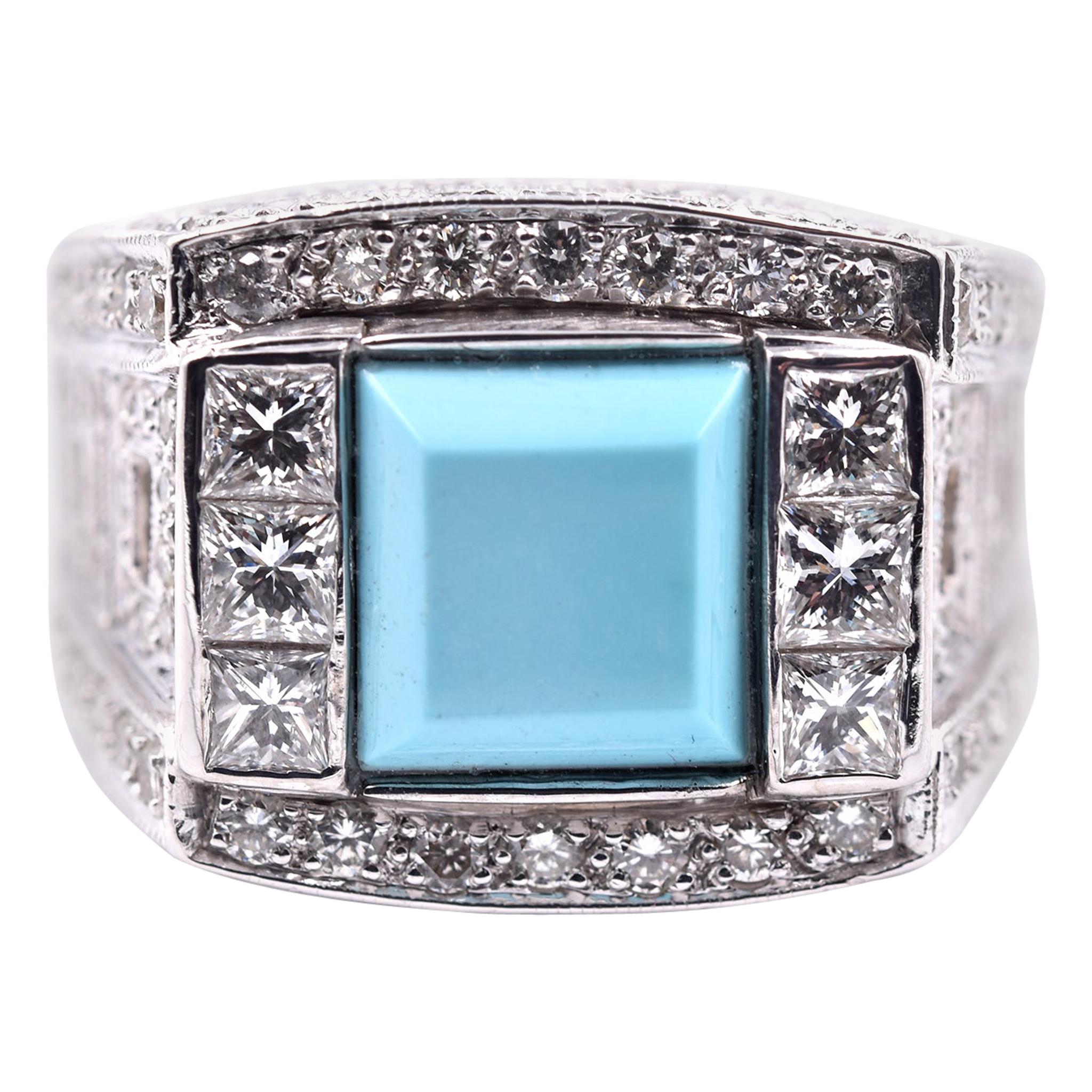 14 Karat White Gold Sleeping Beauty Turquoise and Diamond Fashion Ring