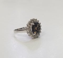 14k White Gold Smokey Quartz and Diamond  Halo Ring