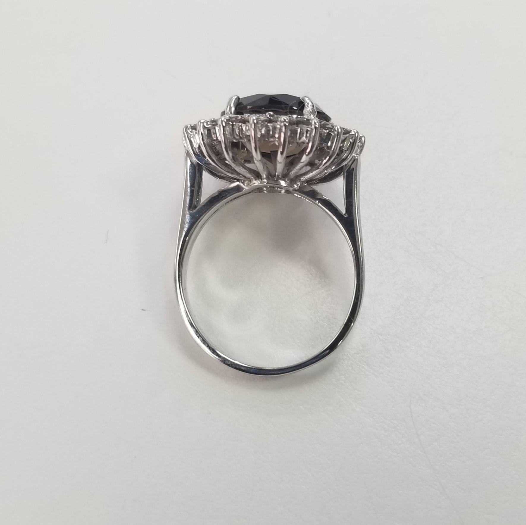 Round Cut 14k White Gold Smokey Quartz and Diamond  Halo Ring For Sale