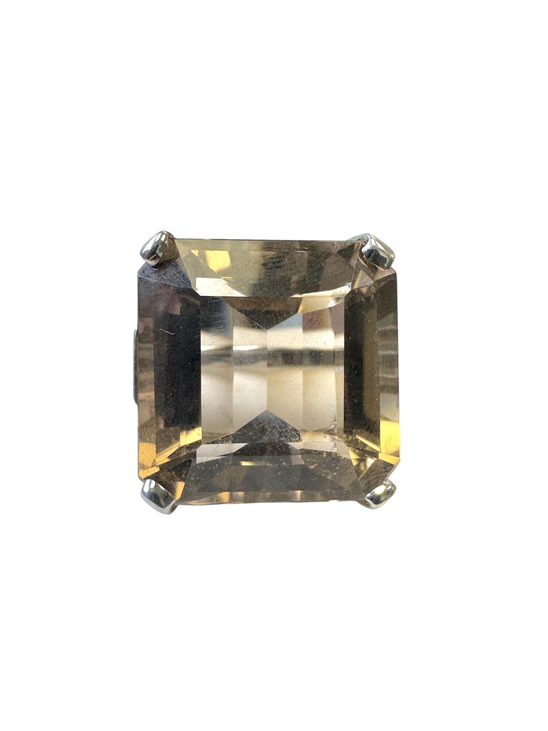 Women's or Men's 14K White Gold Smoky Quartz and Diamond Cocktail Ring For Sale