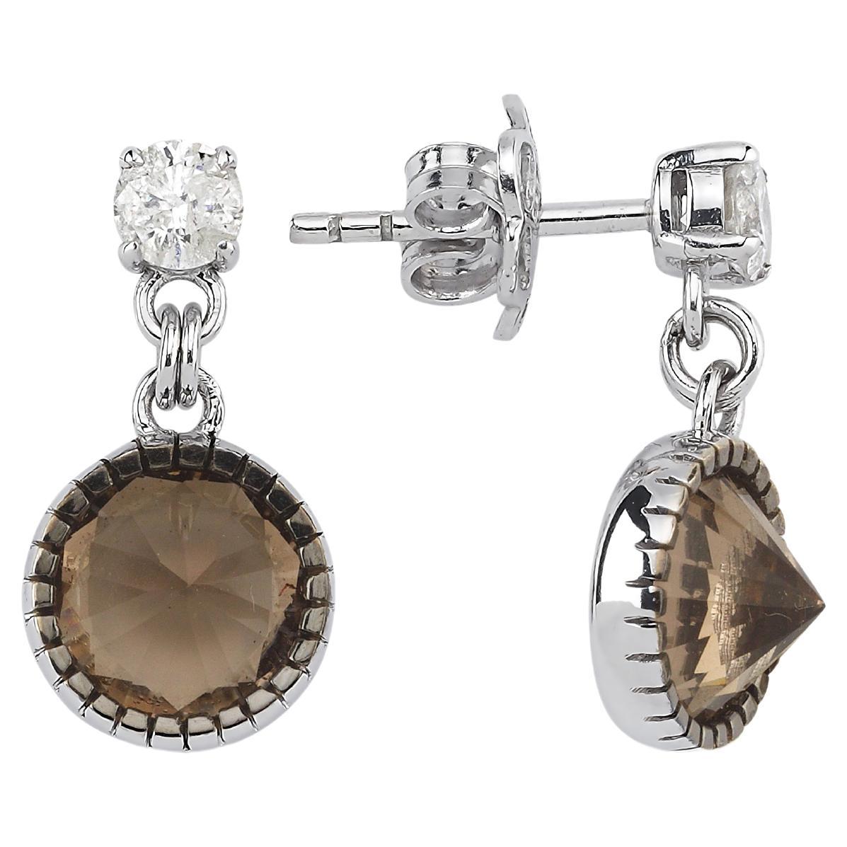 Boucles d'oreilles pendantes en or blanc 14k avec quartz fumé en vente