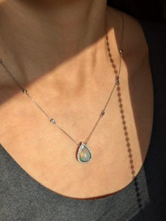 14K White Gold Solid Ethiopian Jelly Opal Diamond Pendant Necklace, Pear Cut