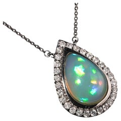 14K White Gold Solid Ethiopian Jelly Opal Diamond Pendant Necklace, Pear Cut