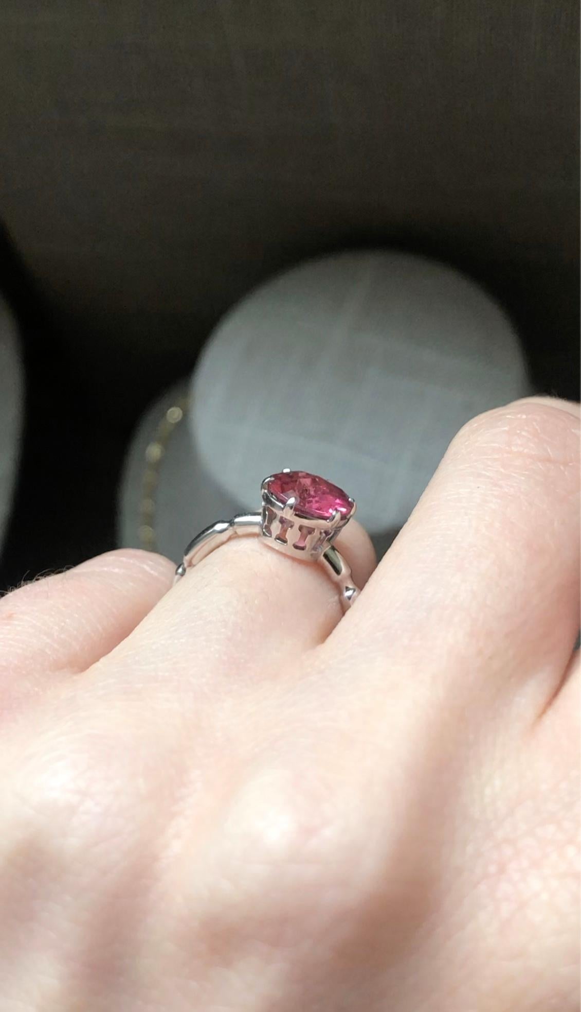 For Sale:  14k White Gold Solitaire Engagement Ring with 1.80 Carat Round Pink Tourmaline 6