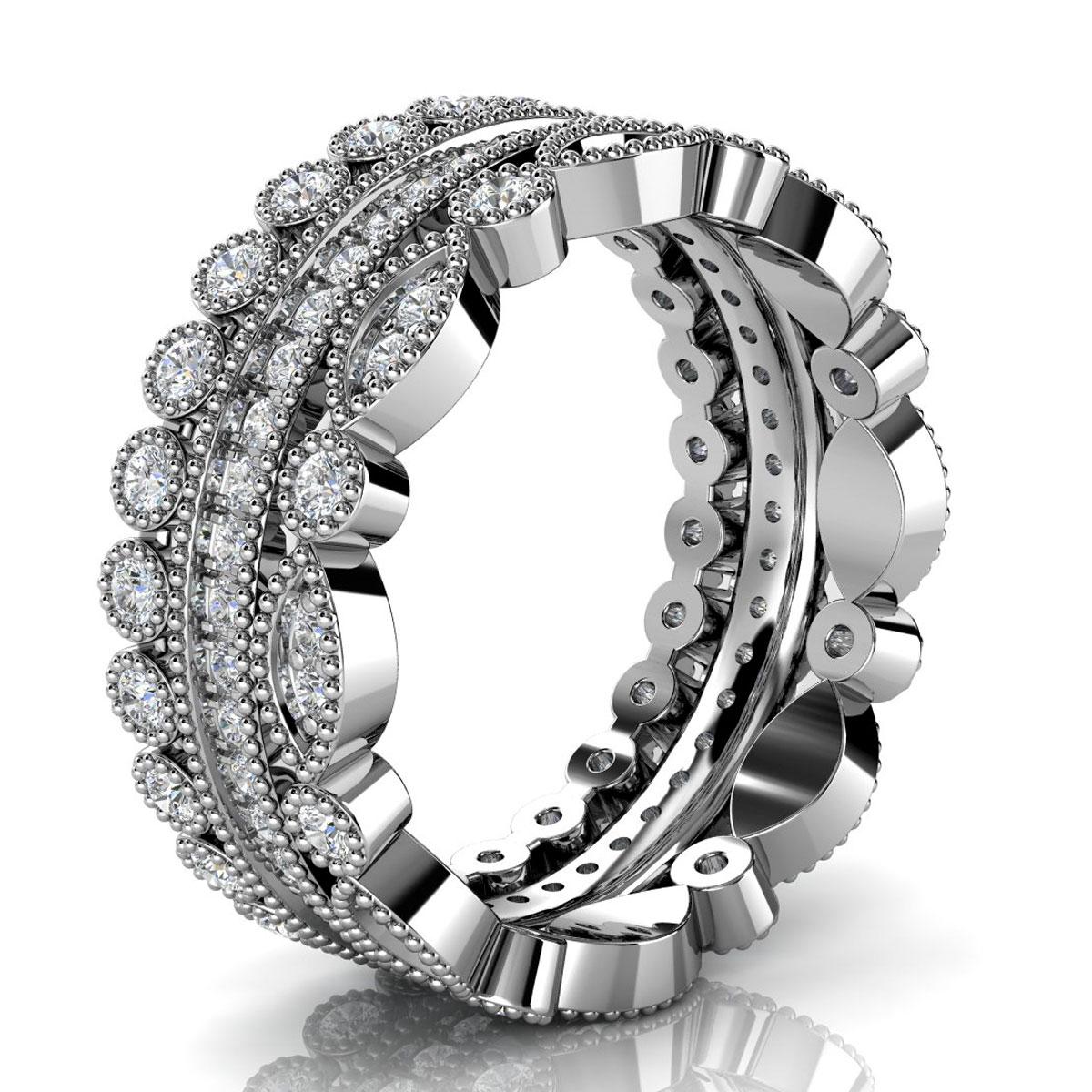 This Antique style stack band features a set of three rings. This vintage ring can be worn individually or as a stack. Experience the Difference! We suggest ordering a 1/4 size larger.

Product details: 

Center Gemstone Color: WHITE
Side Gemstone
