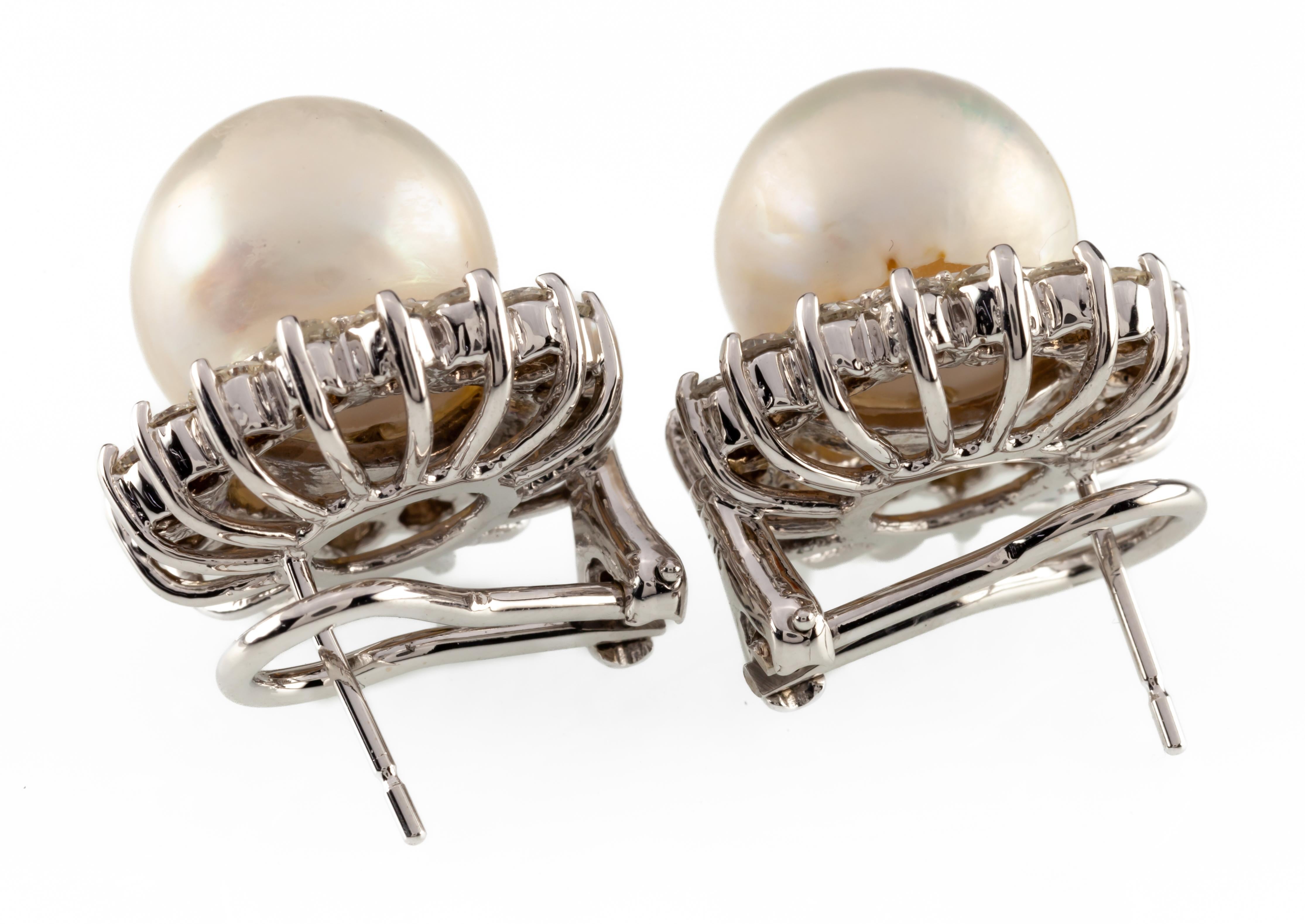 Modern 14k White Gold South Sea Cultured Pearl Earring Studs with Diamond Bezel & Cert For Sale