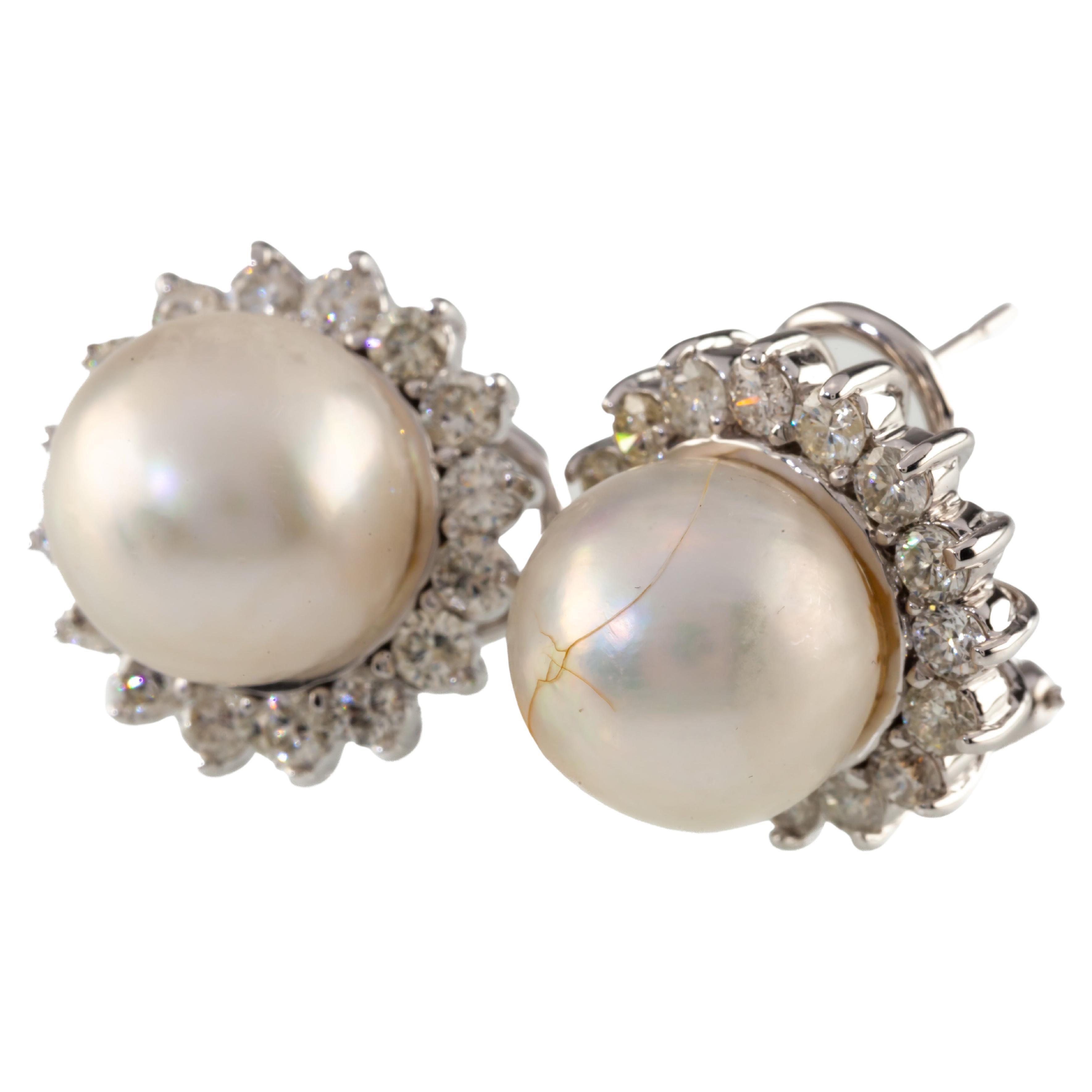 14k White Gold South Sea Cultured Pearl Earring Studs with Diamond Bezel & Cert For Sale