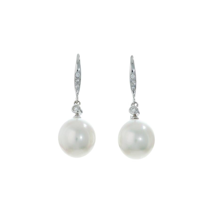 14 Karat White Gold, Round South Sea Pearl and Diamond Earrings at 1stDibs