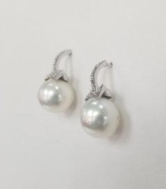 14k White Gold South Sea  Pearl "Bow" Diamond Earrings