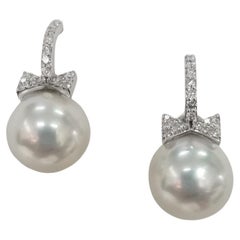 14k White Gold South Sea  Pearl "Bow" Diamond Earrings