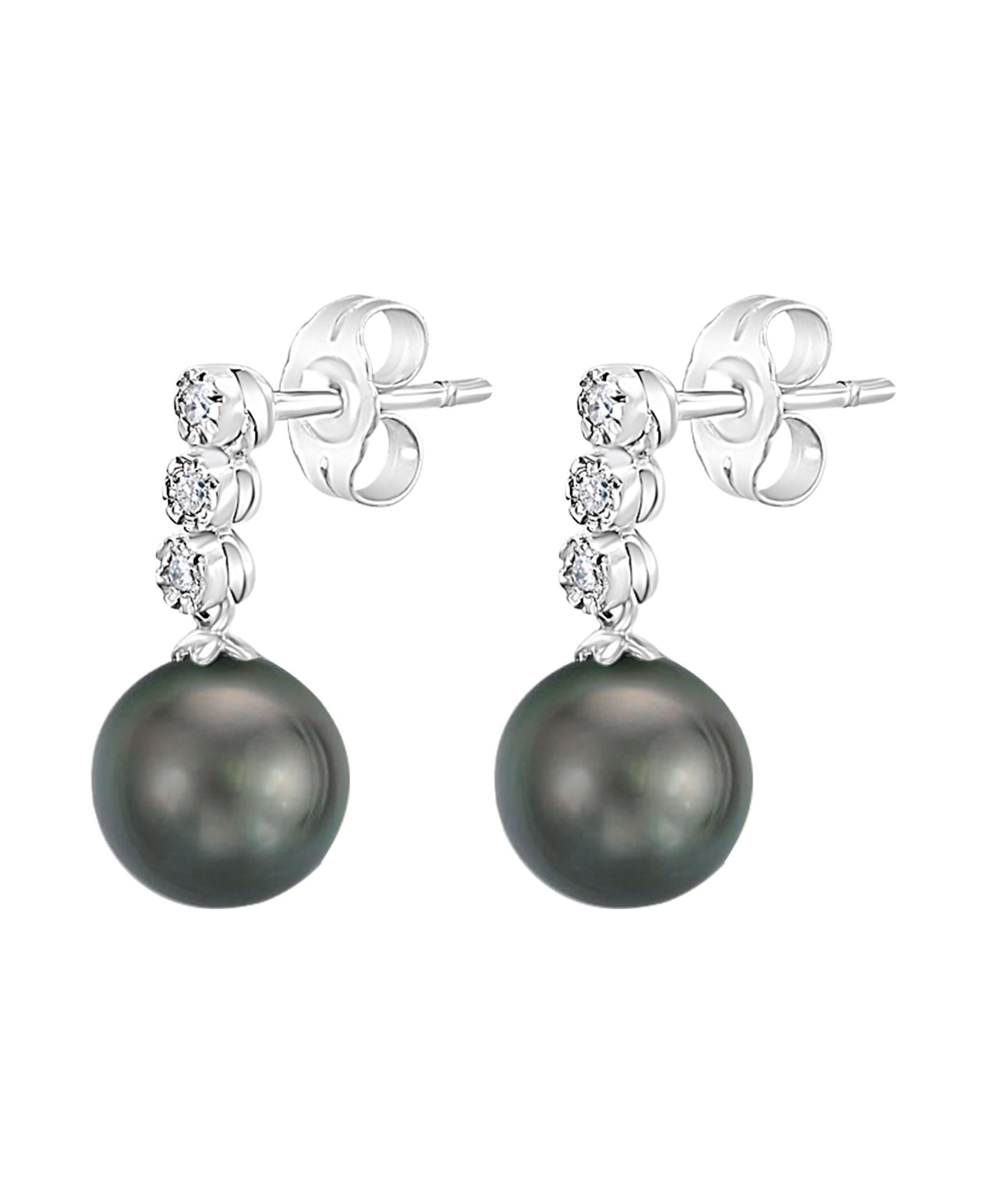 Contemporary 14 Karat White Gold South Sea Tahitian Cultured Pearl and Diamond Earrings For Sale