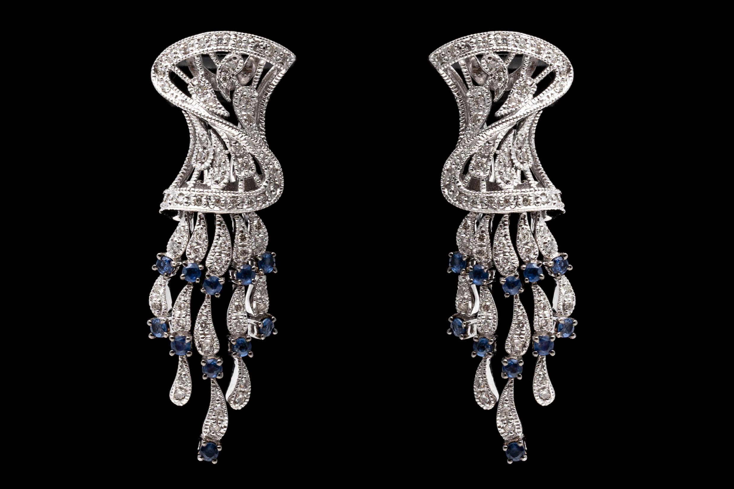 14k White Gold Spectacular Diamond and Sapphire Chandelier Earrings For Sale 4