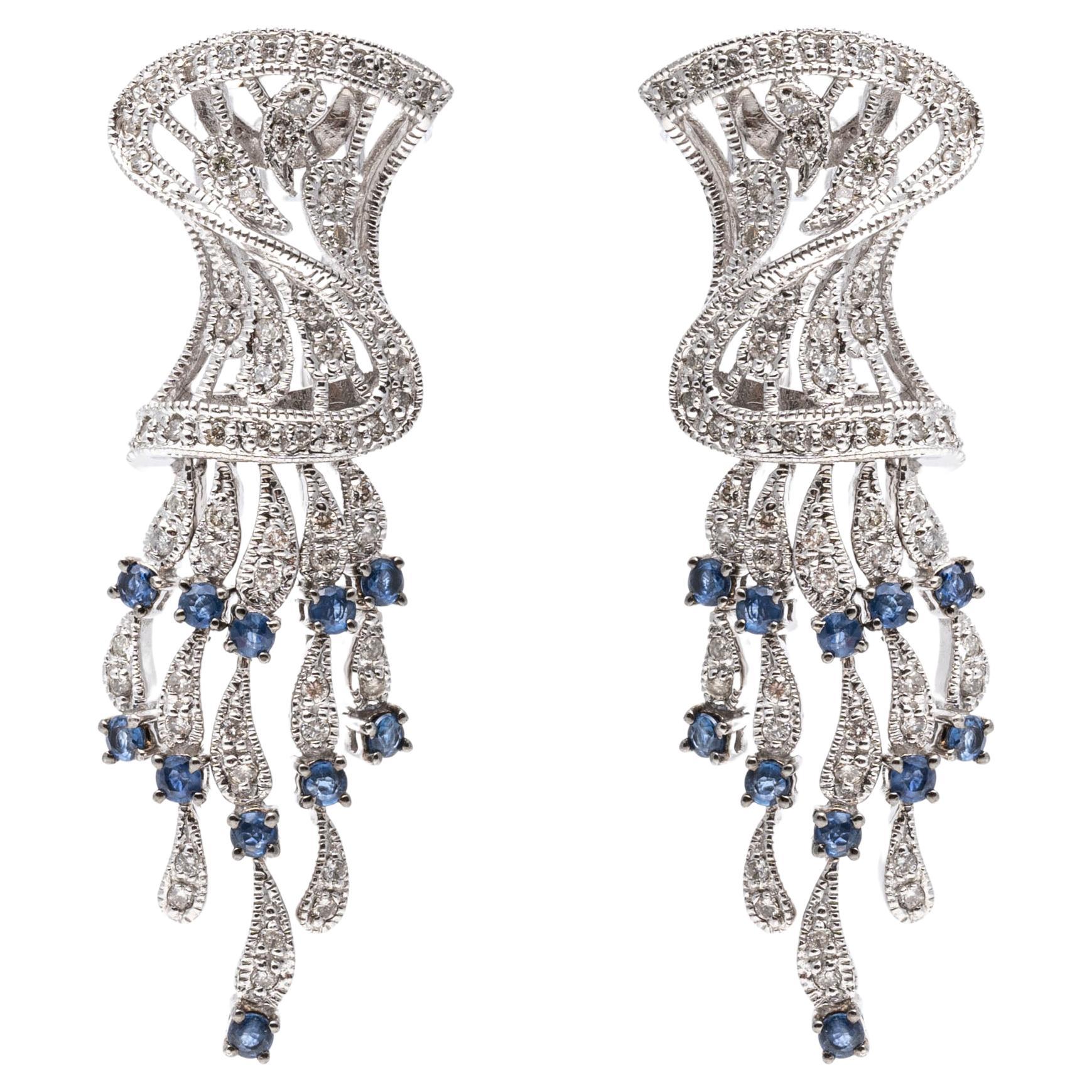 14k White Gold Spectacular Diamond and Sapphire Chandelier Earrings For Sale