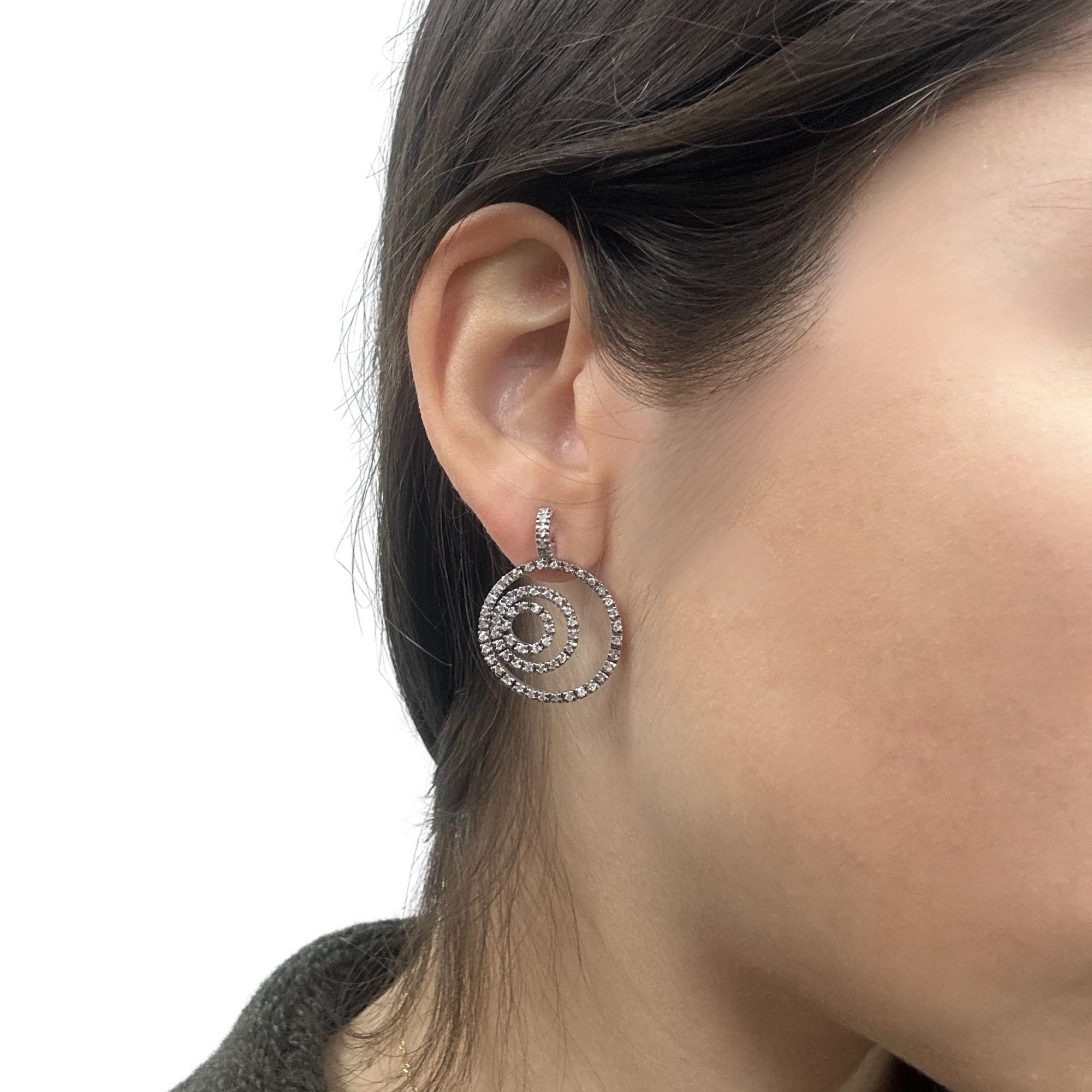 Round Cut 14K White Gold Spiral Diamond Earrings For Sale