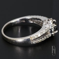 14k White Gold Split Shank Ring with Halo & Black Diamond Center - Size 6.75